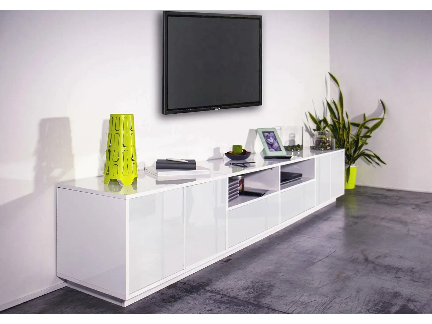Dmora Móvel de TV Dleott, aparador baixo da sala, base de móvel de TV, 100% Fabricado na Itália, 260x41h46 cm, brilhante^ Móvel De Tv