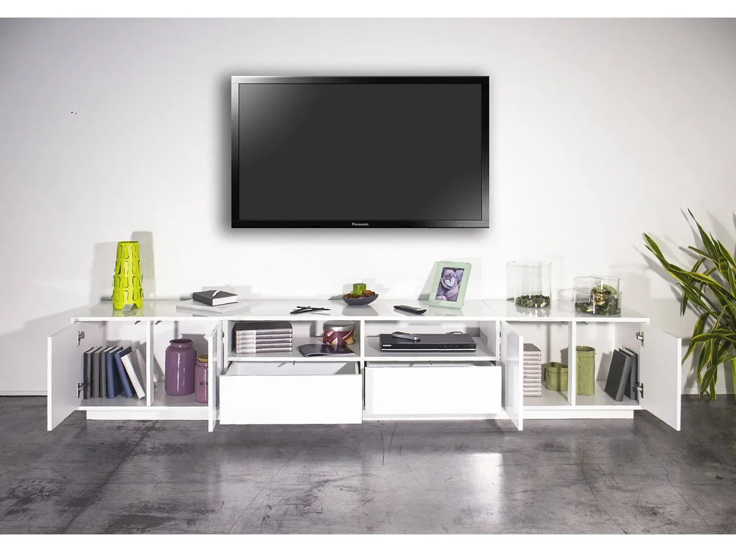 Dmora Móvel de TV Dleott, aparador baixo da sala, base de móvel de TV, 100% Fabricado na Itália, 260x41h46 cm, brilhante^ Móvel De Tv