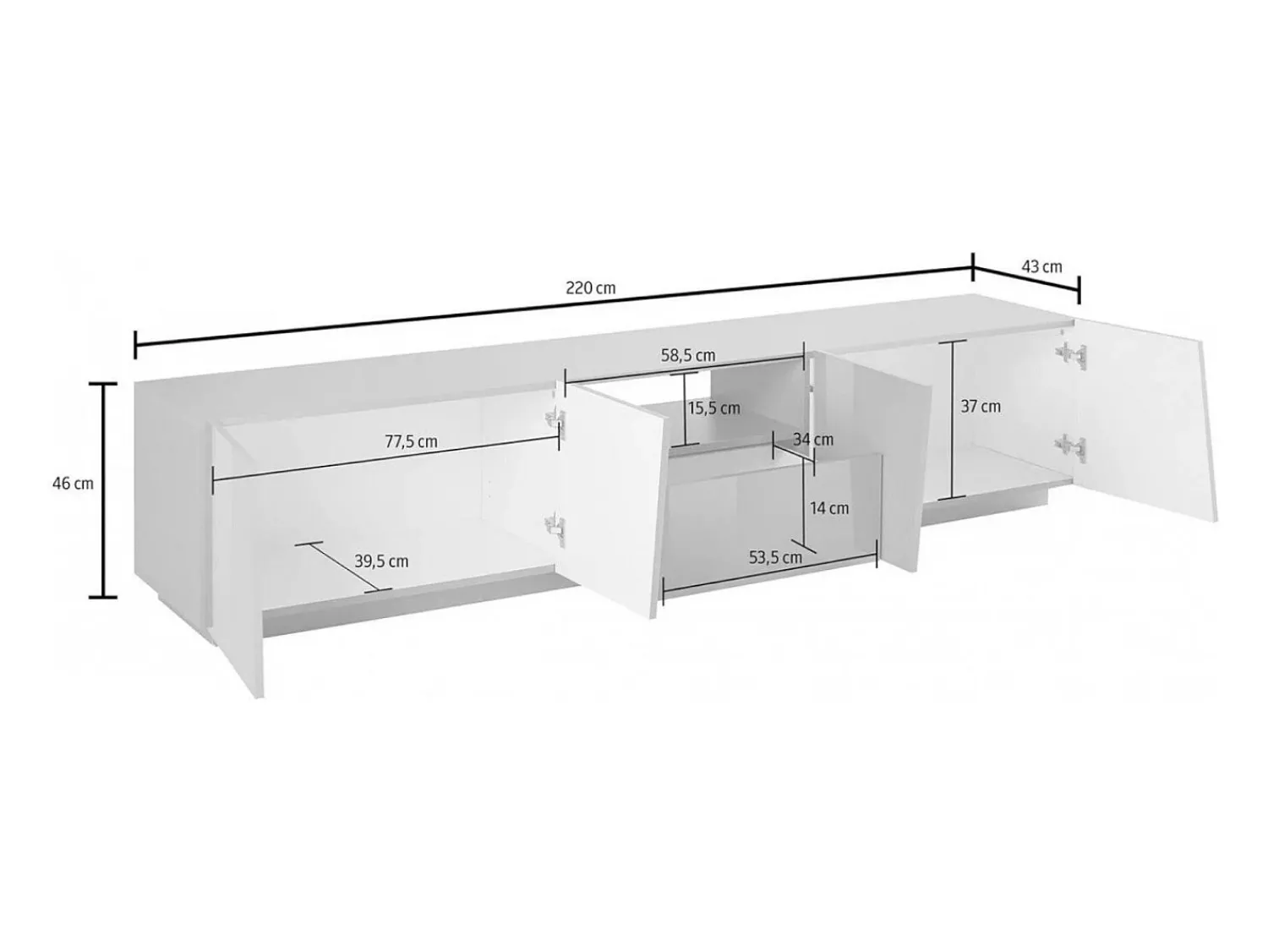 Dmora Móvel de TV Dlori, aparador baixo da sala, base de móvel de TV, 100% Fabricado na Itália, 220x43h46 cm, brilhante^ Móvel De Tv