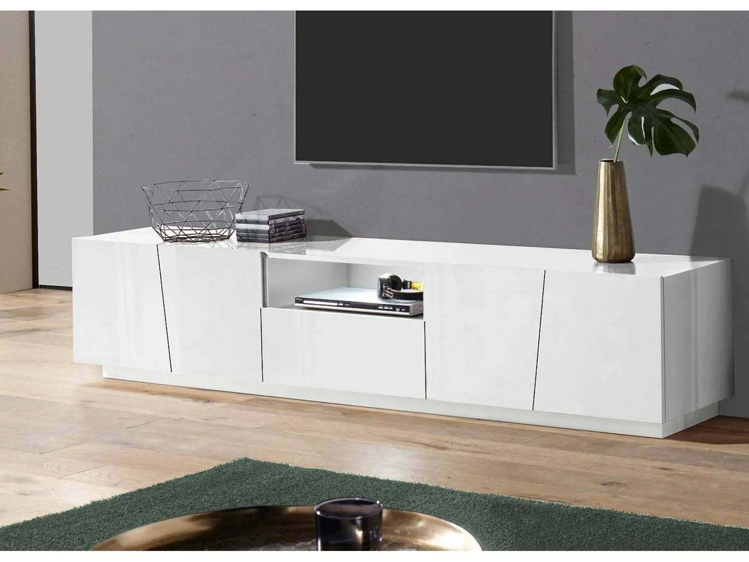 Dmora Móvel de TV Dlori, Aparador baixo de sala, base de móvel de TV, 100% Fabricado na Itália, 220x43h46 cm, brilhante, com luz LED^ Móvel De Tv