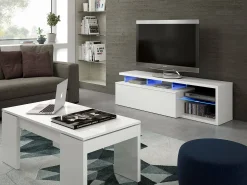 Discount Dmora Móvel de TV Dlupert, Aparador para televisão da sala com 1 porta, Móvel de TV com luz LED, Buffet de sala, 150x41h50 cm, brilhante Branco