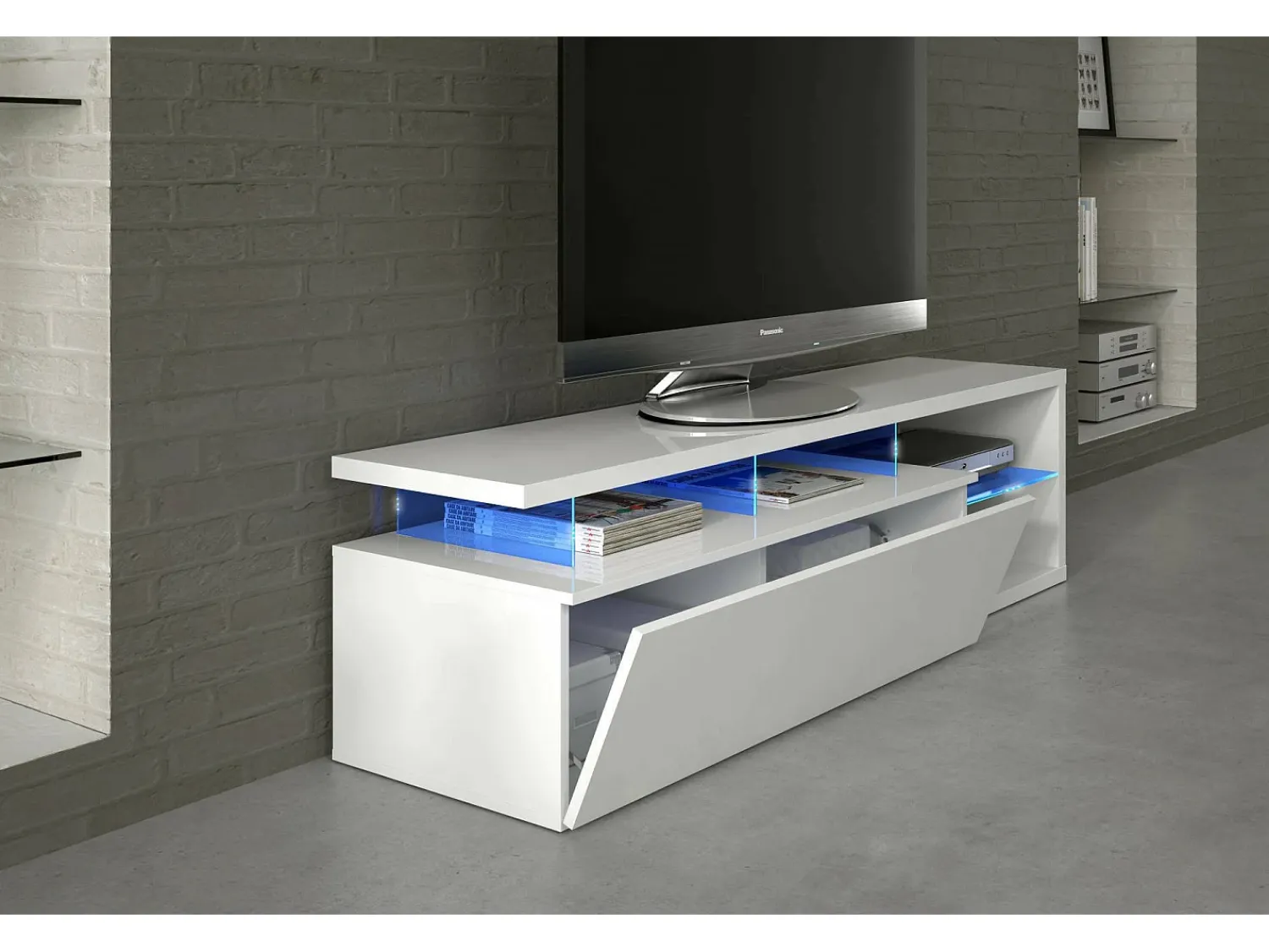 Discount Dmora Móvel de TV Dlupert, Aparador para televisão da sala com 1 porta, Móvel de TV com luz LED, Buffet de sala, 150x41h50 cm, brilhante Branco