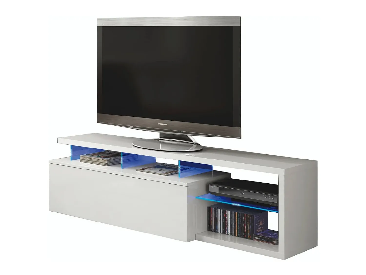 Discount Dmora Móvel de TV Dlupert, Aparador para televisão da sala com 1 porta, Móvel de TV com luz LED, Buffet de sala, 150x41h50 cm, brilhante Branco
