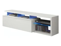 Discount Dmora Móvel de TV Dlupert, Aparador para televisão da sala com 1 porta, Móvel de TV com luz LED, Buffet de sala, 150x41h50 cm, brilhante Branco