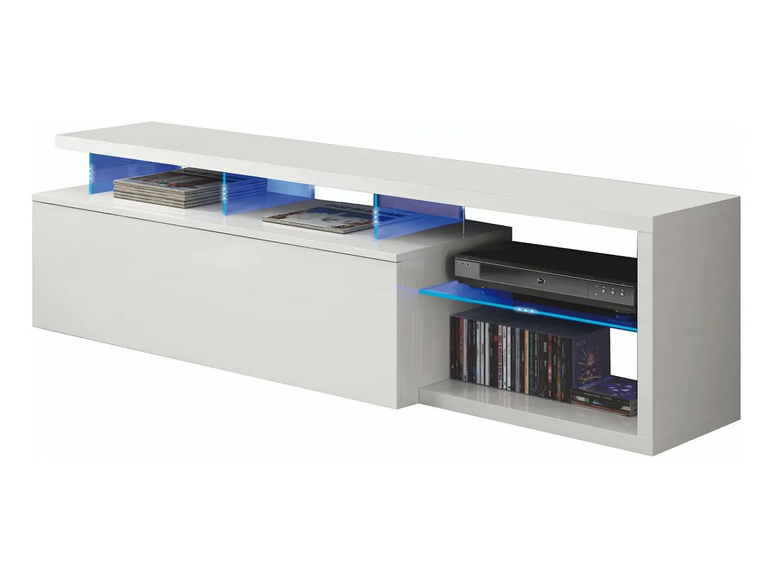 Discount Dmora Móvel de TV Dlupert, Aparador para televisão da sala com 1 porta, Móvel de TV com luz LED, Buffet de sala, 150x41h50 cm, brilhante Branco