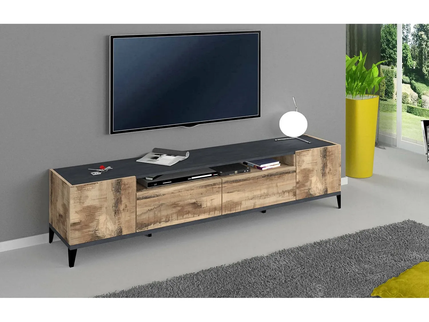 Discount Dmora Móvel de TV Dmaigna, Aparador baixo de sala com 2 portas, base de móvel de TV, 100% Fabricado na Itália, 200x40h47 cm, Ardósia e Bordo Castanho