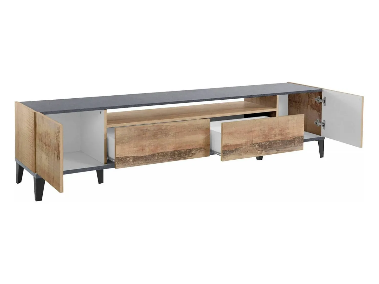 Discount Dmora Móvel de TV Dmaigna, Aparador baixo de sala com 2 portas, base de móvel de TV, 100% Fabricado na Itália, 200x40h47 cm, Ardósia e Bordo Castanho