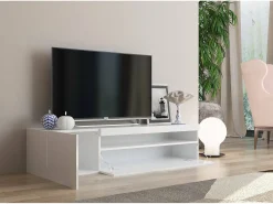 Móvel De Tv*Dmora Móvel de TV Dmangoni, Aparador baixo de sala com 2 portas, base de móvel de TV, 100% Fabricado na Itália, 150x40h37 cm, brilhante Branco