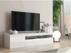 Móvel De Tv*Dmora Móvel de TV Dmangoni, Aparador baixo de sala com 2 portas, base de móvel de TV, 100% Fabricado na Itália, 150x40h37 cm, brilhante Branco