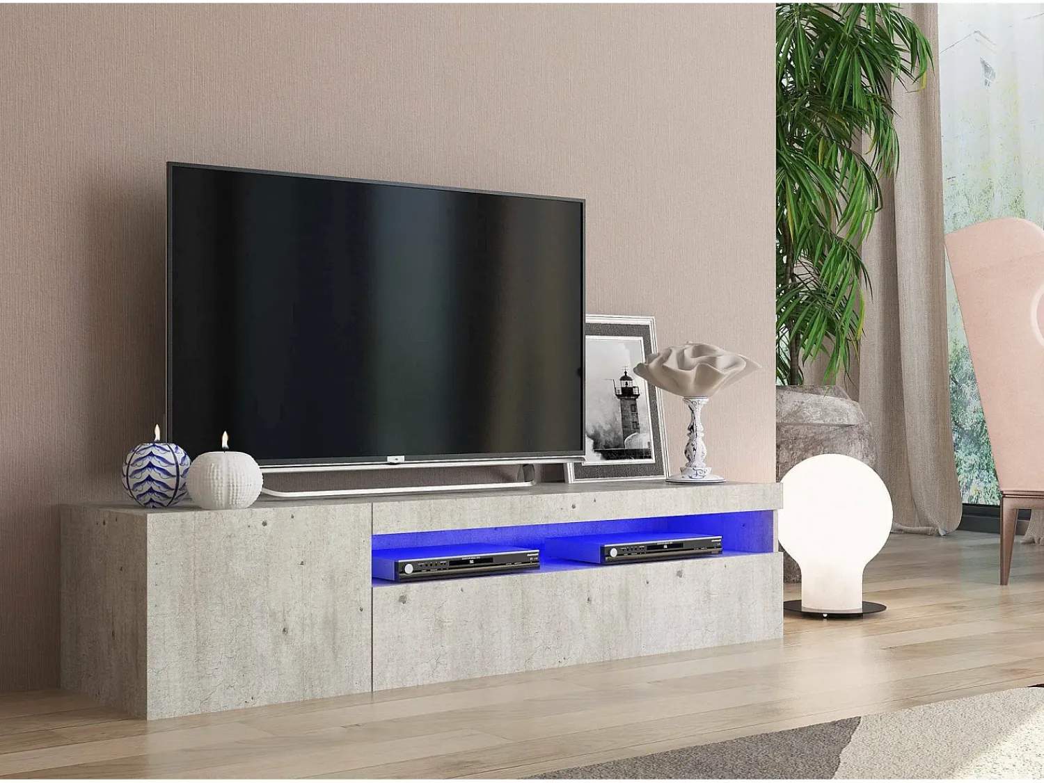 Móvel De Tv|Dmora Móvel de TV Dmangoni, Aparador baixo de sala com 2 portas, base de móvel de TV, 100% Fabricado na Itália, 150x40h37 cm, Cimento, com luz LED Cinzento