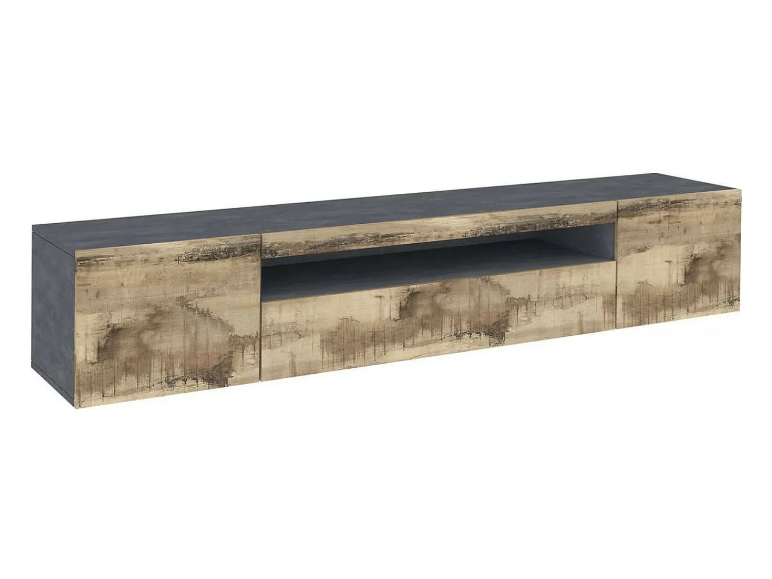 Móvel De Tv*Dmora Móvel de TV Dmarso, Aparador baixo de sala com 3 portas, base de móvel de TV, 100% Fabricado na Itália, 200x40h37 cm, Ardósia e Bordo, com luz LED Castanho