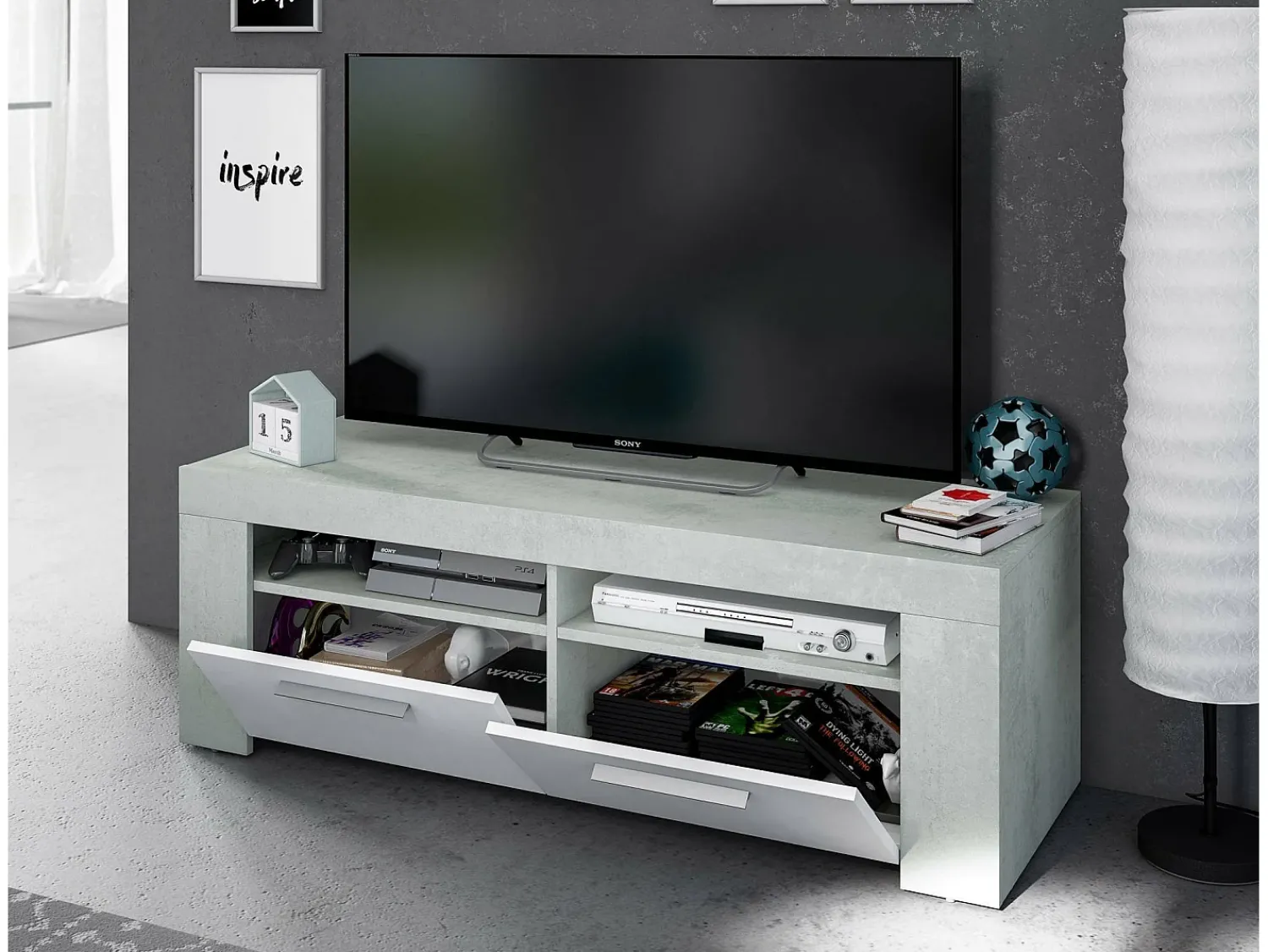 Dmora Móvel de TV Dmerl, Aparador para televisão da sala, Móvel de TV 2 portas, Aparador baixo para sala, 120x42h40 cm, e Cimento^ Móvel De Tv