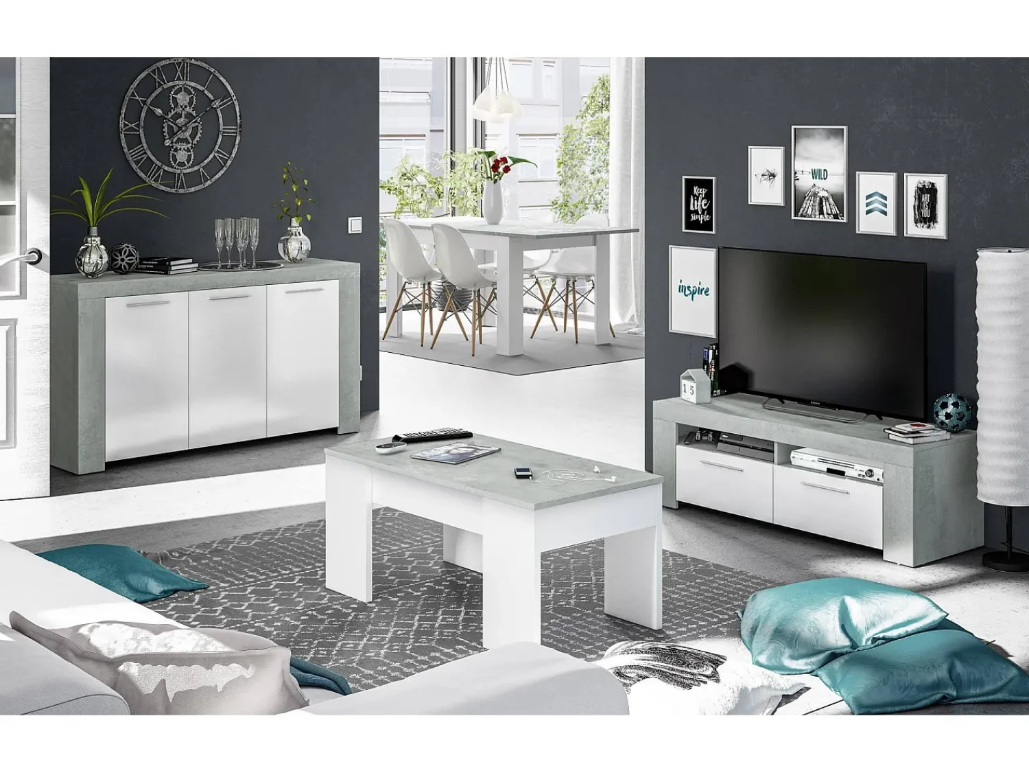 Dmora Móvel de TV Dmerl, Aparador para televisão da sala, Móvel de TV 2 portas, Aparador baixo para sala, 120x42h40 cm, e Cimento^ Móvel De Tv
