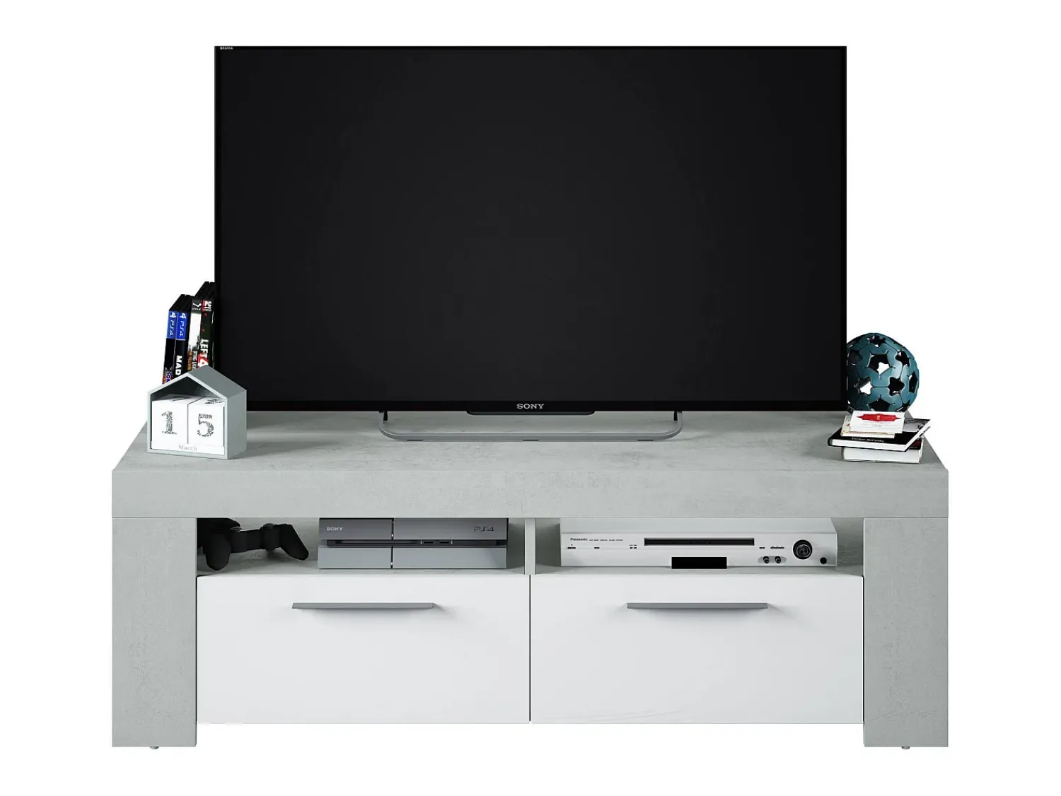 Dmora Móvel de TV Dmerl, Aparador para televisão da sala, Móvel de TV 2 portas, Aparador baixo para sala, 120x42h40 cm, e Cimento^ Móvel De Tv