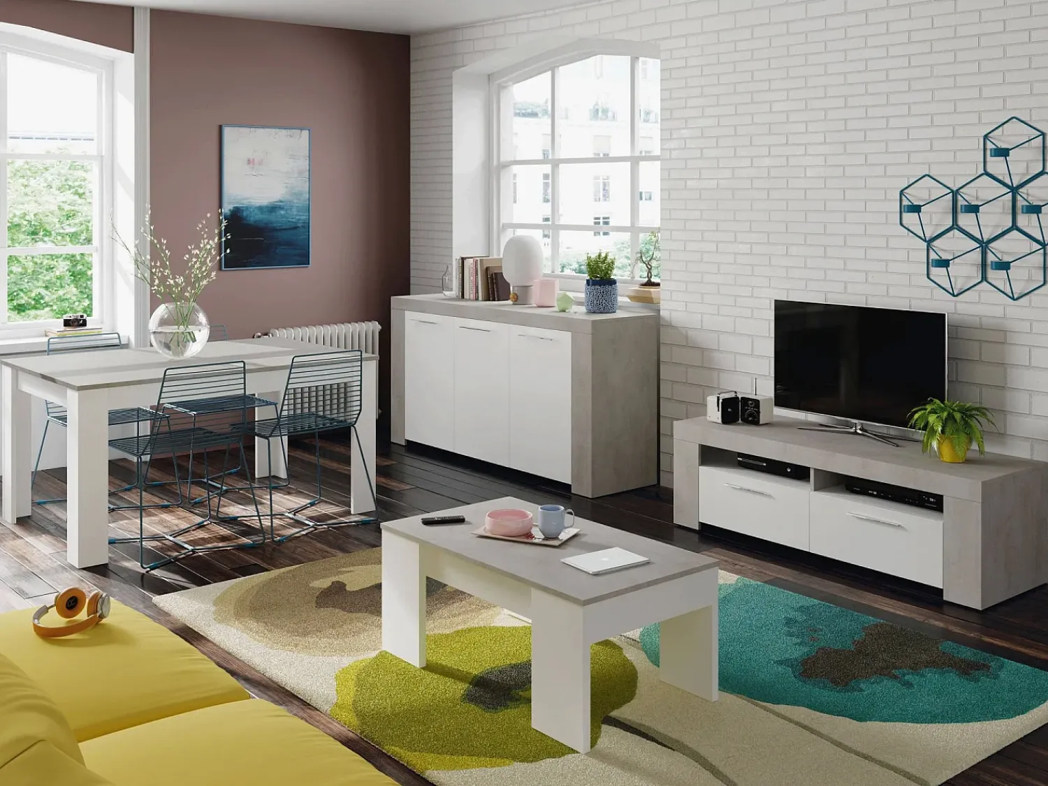 Dmora Móvel de TV Dmerl, Aparador para televisão da sala, Móvel de TV 2 portas, Aparador baixo para sala, 120x42h40 cm, e Cimento^ Móvel De Tv