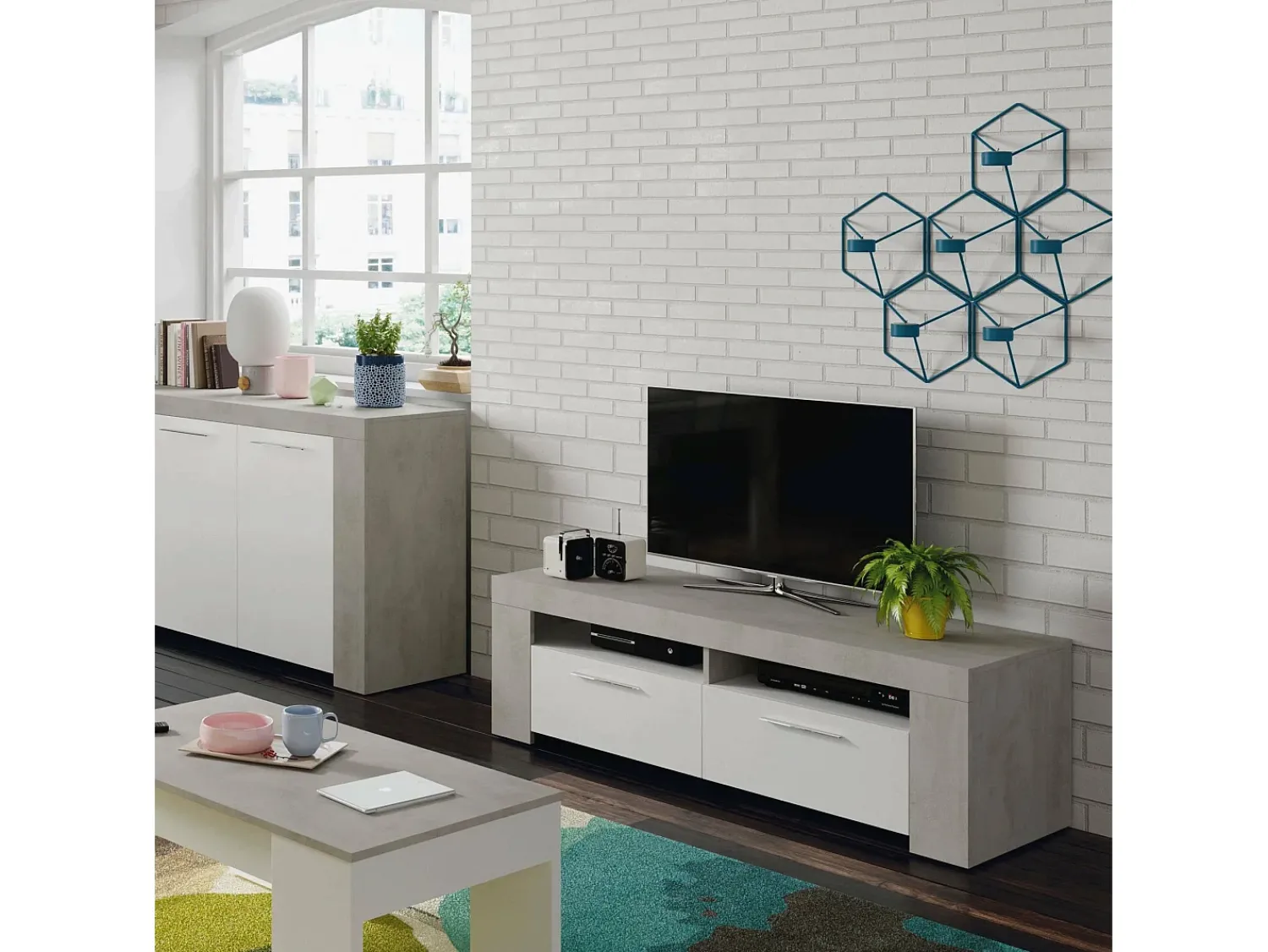 Dmora Móvel de TV Dmerl, Aparador para televisão da sala, Móvel de TV 2 portas, Aparador baixo para sala, 120x42h40 cm, e Cimento^ Móvel De Tv