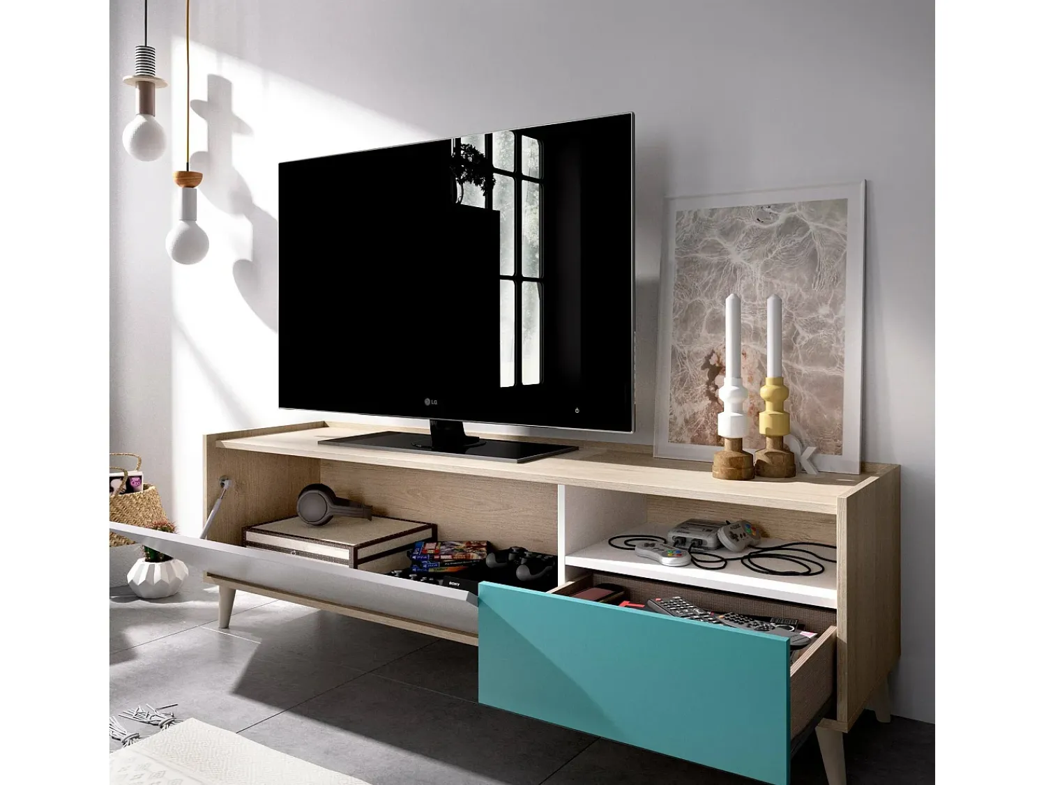 Sale Dmora Móvel de TV Dmill, Aparador baixo da sala, Aparador da sala para televisão, 155x43h47 cm, Carvalho e Branco Castanho