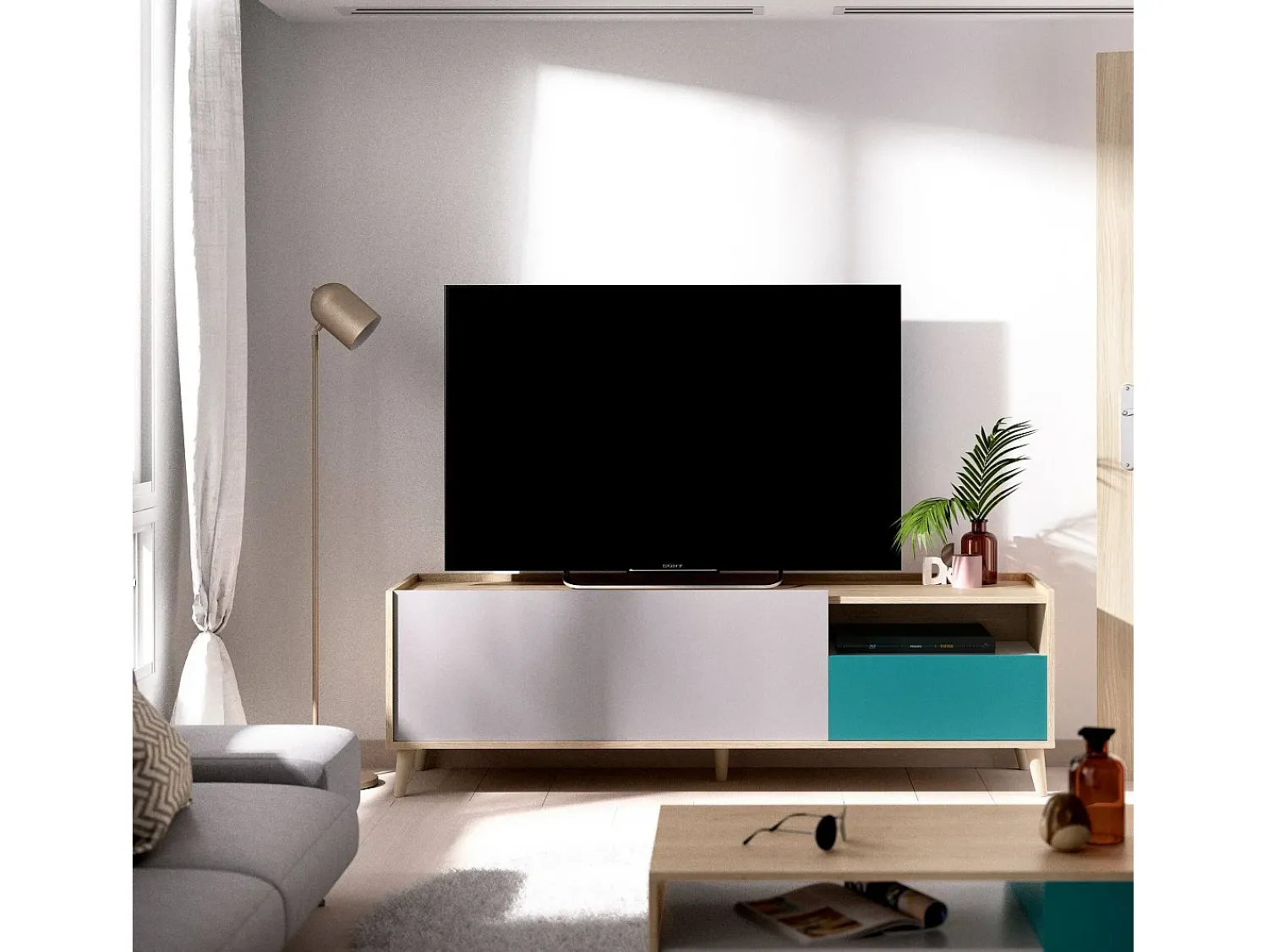 Sale Dmora Móvel de TV Dmill, Aparador baixo da sala, Aparador da sala para televisão, 155x43h47 cm, Carvalho e Branco Castanho