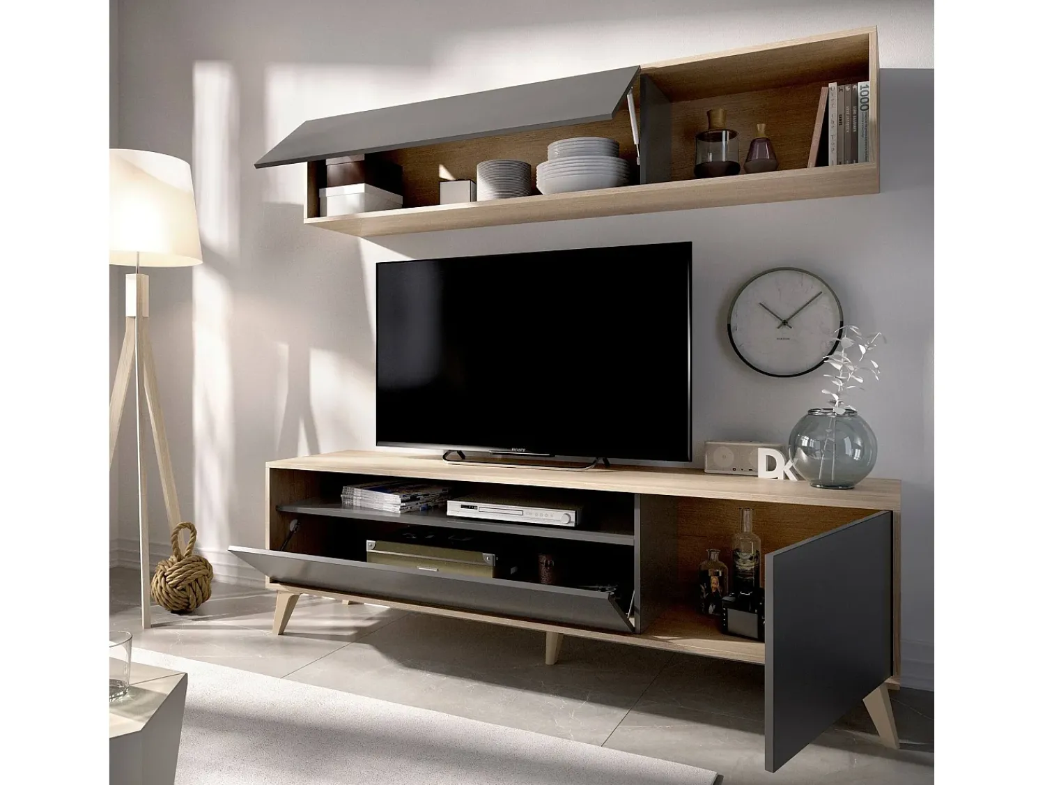 Móvel De Tv|Dmora Móvel de TV Dmillic, Móvel de sala de TV, Móvel de sala multiusos, 180x41h180 cm, Antracite e Knot Oak Preto