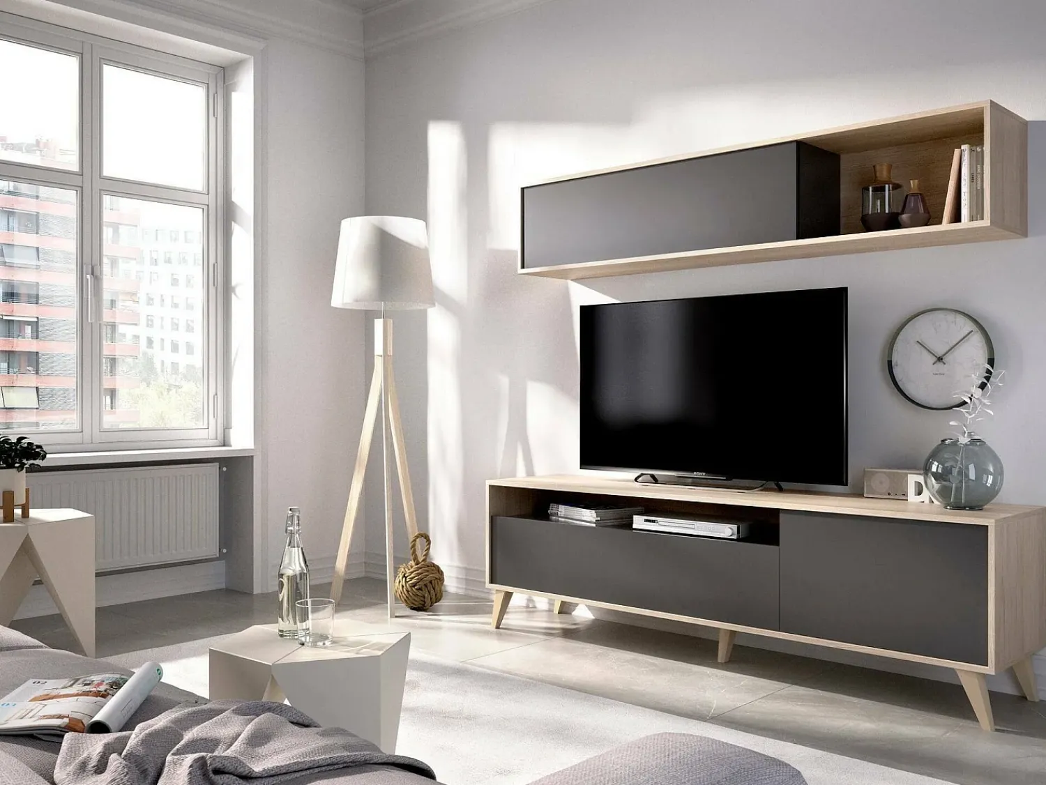 Móvel De Tv|Dmora Móvel de TV Dmillic, Móvel de sala de TV, Móvel de sala multiusos, 180x41h180 cm, Antracite e Knot Oak Preto
