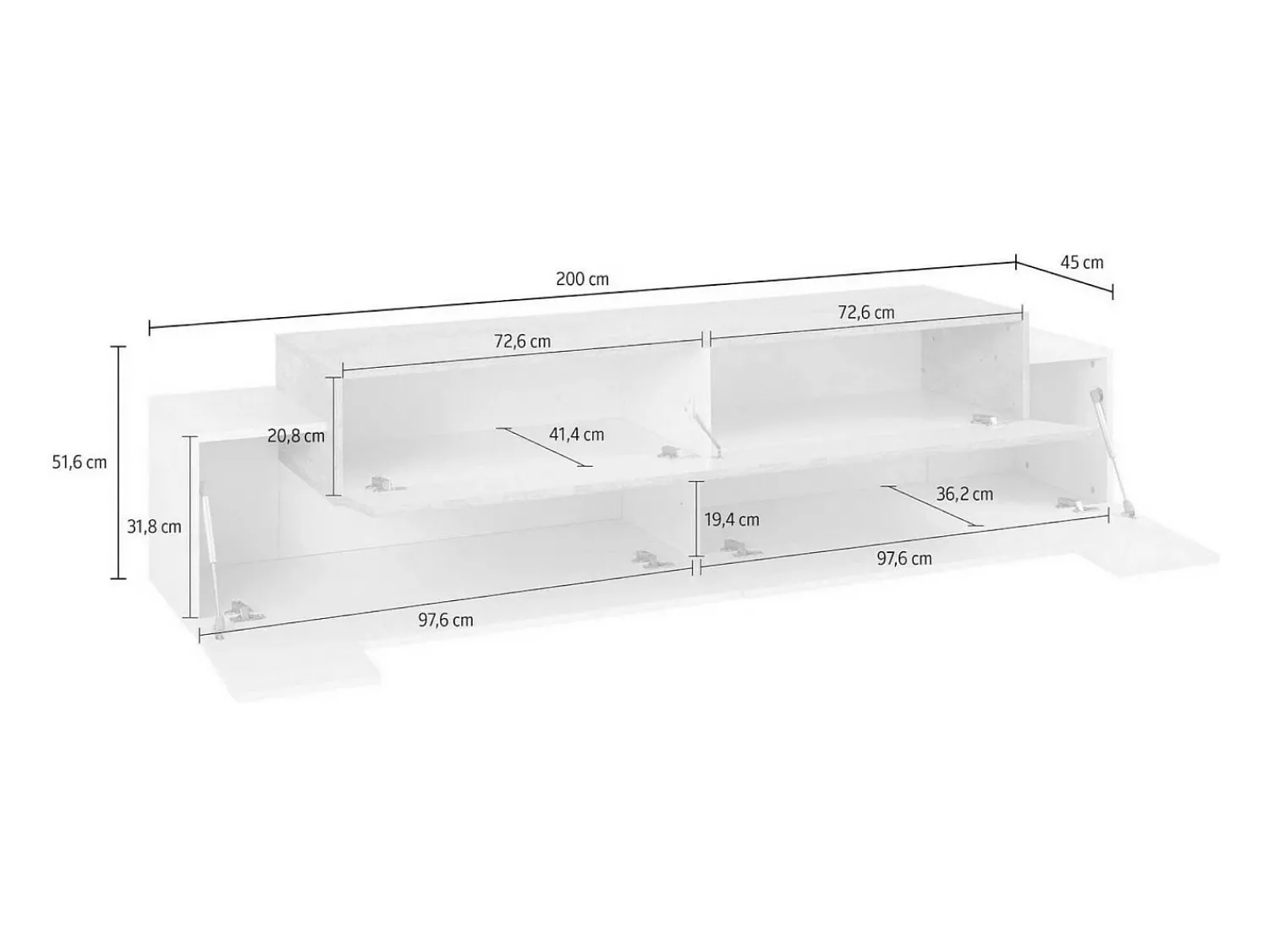 Online Dmora Móvel de TV Dmirand, aparador baixo da sala, base de móvel de TV, 100% Fabricado na Itália, 200x45h52 cm, brilhante Branco