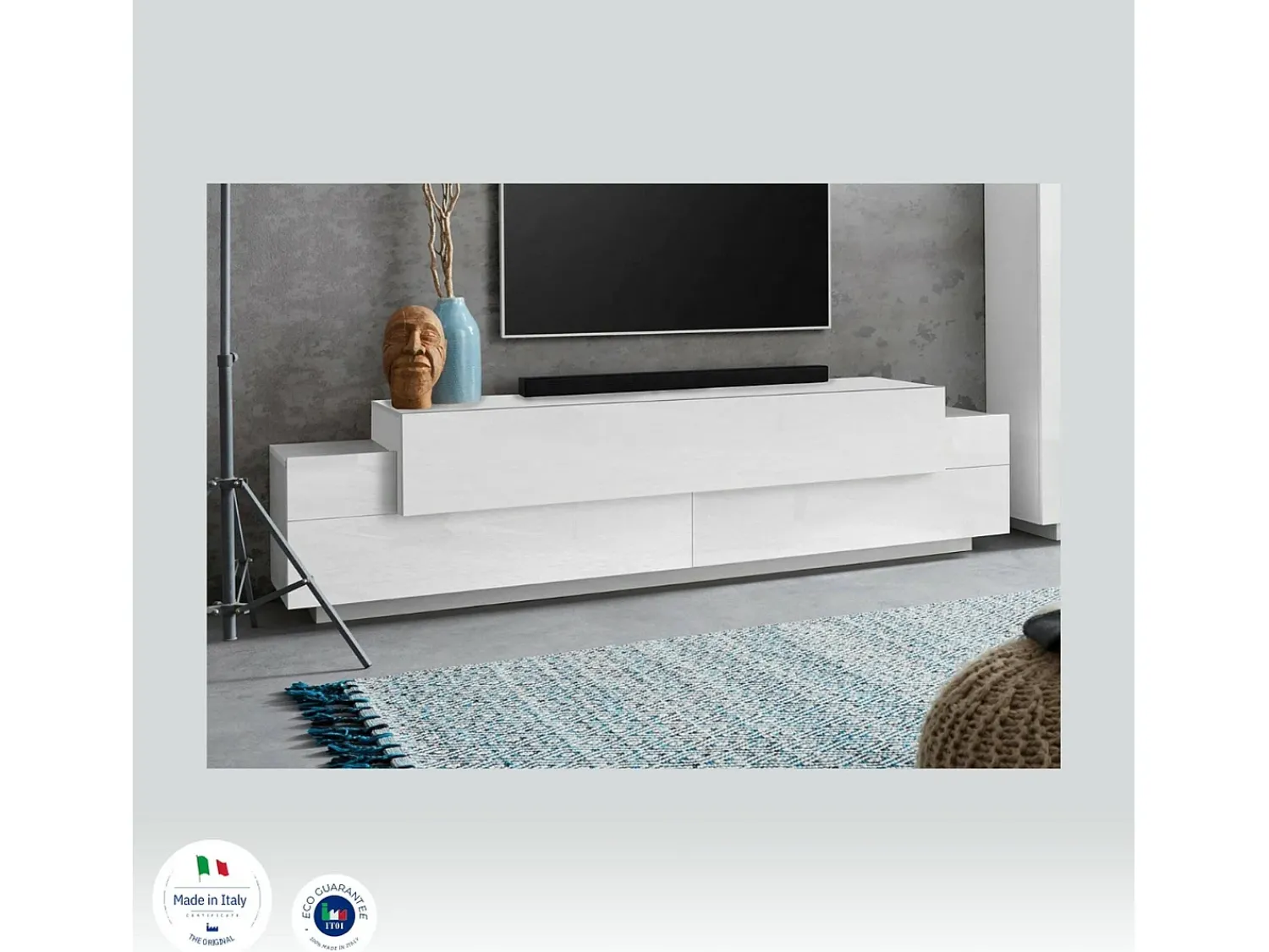 Online Dmora Móvel de TV Dmirand, aparador baixo da sala, base de móvel de TV, 100% Fabricado na Itália, 200x45h52 cm, brilhante Branco