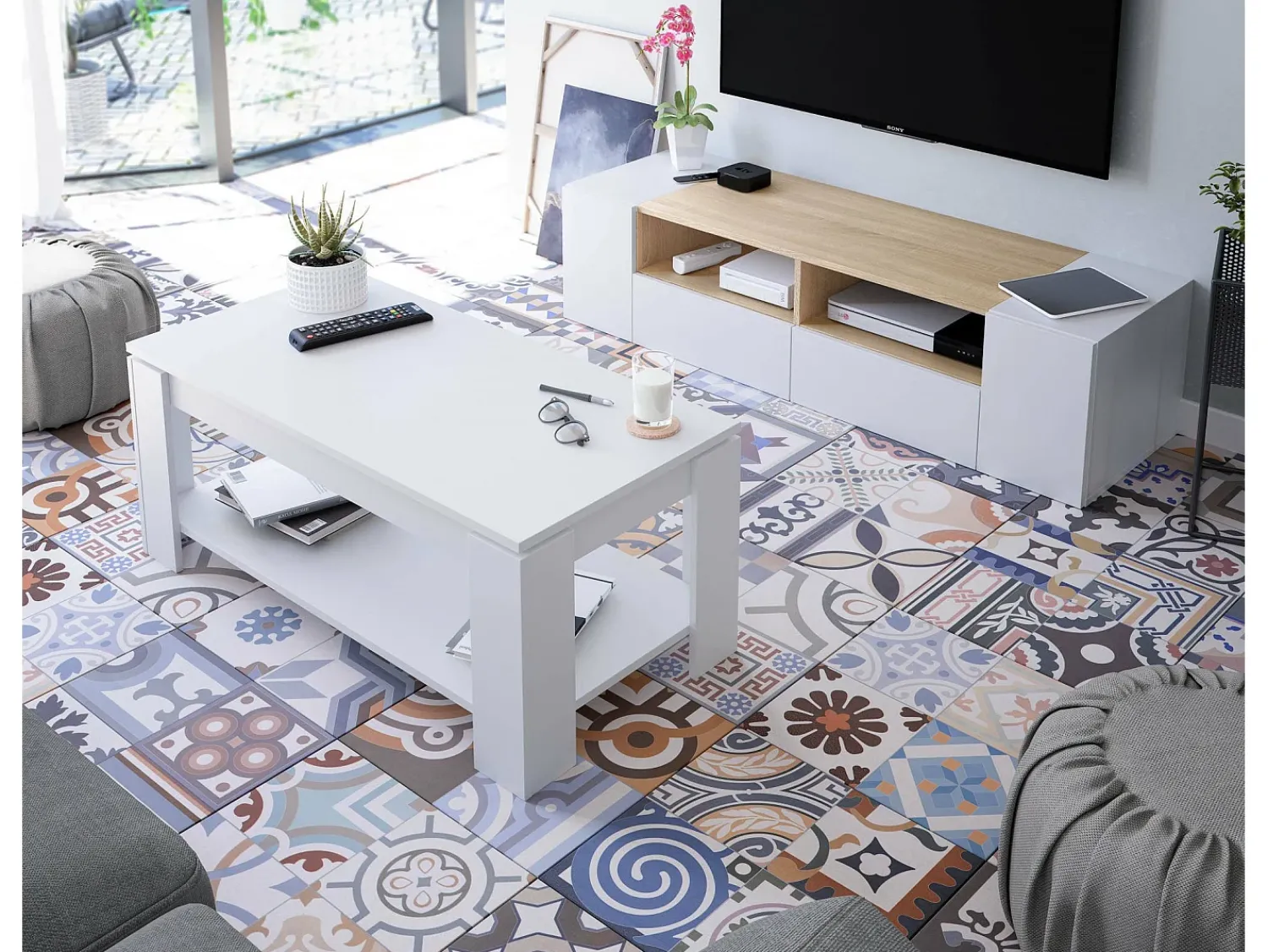 Móvel De Tv|Dmora Móvel de TV Dmolino, Aparador para televisão da sala, Móvel de TV moderno, Aparador baixo multiusos, 138x42h36 cm, e Carvalho Branco