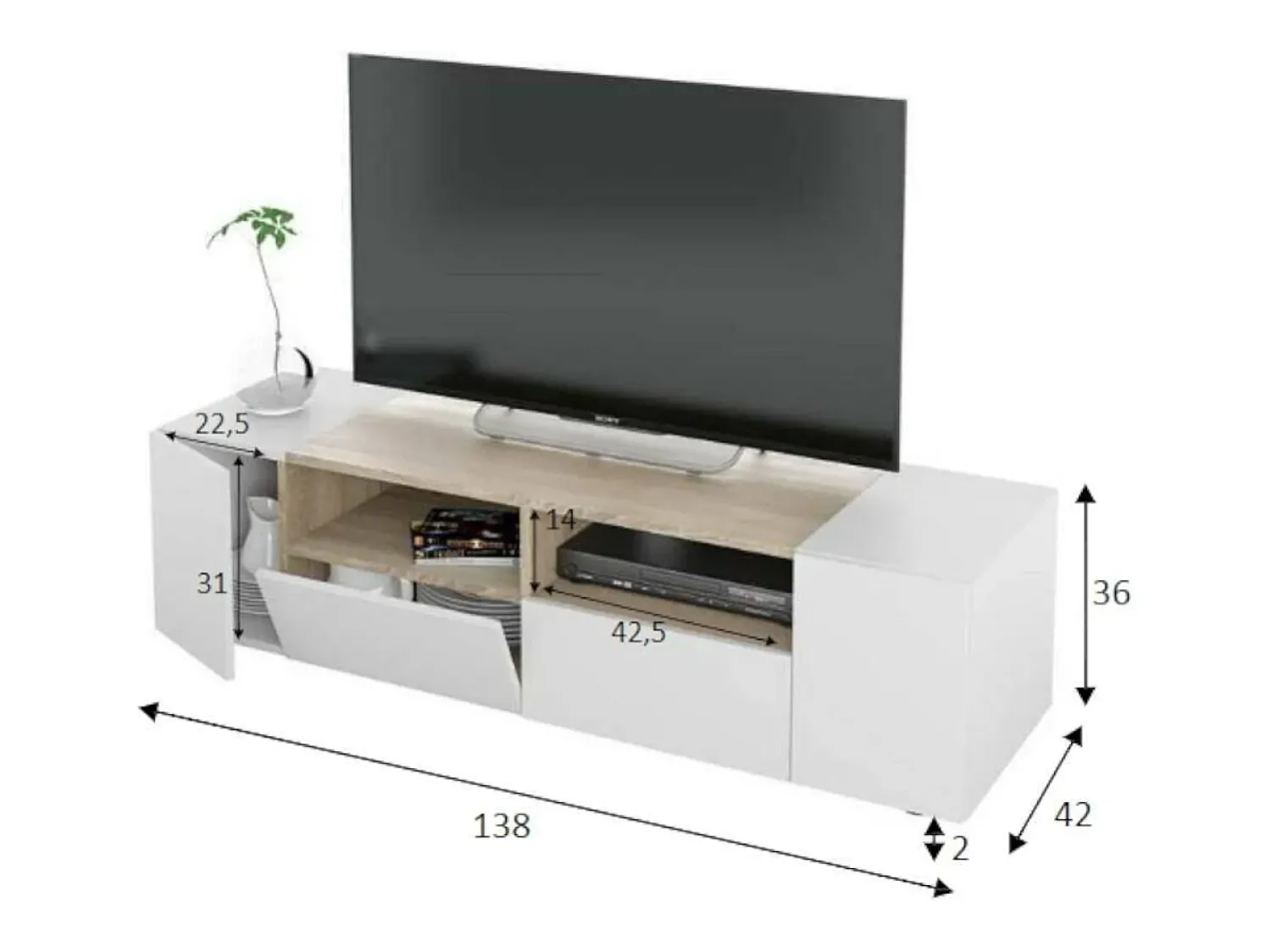Móvel De Tv|Dmora Móvel de TV Dmolino, Aparador para televisão da sala, Móvel de TV moderno, Aparador baixo multiusos, 138x42h36 cm, e Carvalho Branco