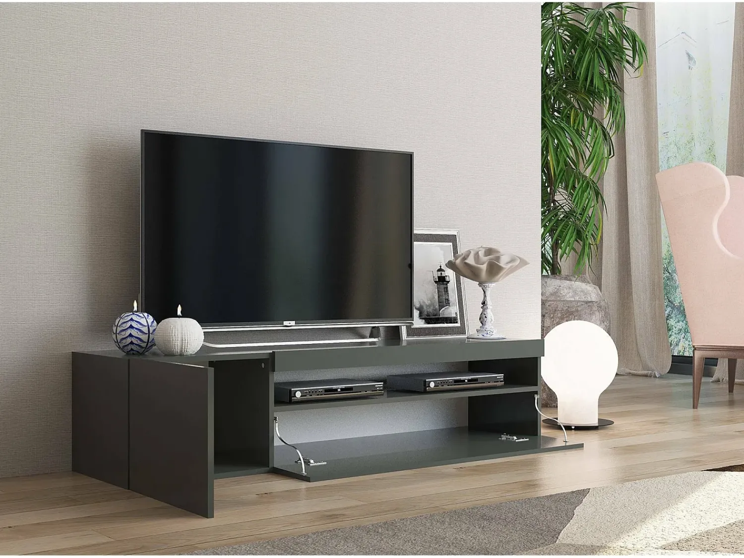 Best Dmora Móvel de TV Dmontu, Aparador baixo de sala, base de móvel de TV, 100% Fabricado em Itália, 150x40h37 cm, Antracite brilhante, com luz LED Cinza antracite