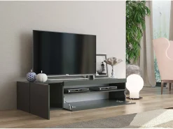 Best Dmora Móvel de TV Dmontu, Aparador baixo de sala, base de móvel de TV, 100% Fabricado em Itália, 150x40h37 cm, Antracite brilhante, com luz LED Cinza antracite