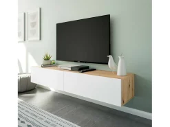 Móvel De Tv|Dmora Móvel de TV Dmussi, móvel de TV de 2 portas, móvel de sala suspenso, 180x35h28 cm, Knot Oak e Branco Brilhante Natural claro / Branco