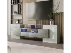 Clearance Móvel de TV elegante, modelo baixo, branco brilhante, 200 cm, iluminação LED, design moderno, superfície de vidro. Cinzento
