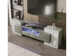 Clearance Móvel de TV elegante, modelo baixo, branco brilhante, 200 cm, iluminação LED, design moderno, superfície de vidro. Cinzento