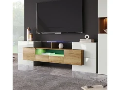 Móvel de TV elegante, modelo baixo, branco brilhante, 200 cm, iluminação LED, design moderno, superfície de vidro.^ Móvel De Tv
