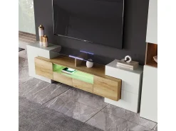 Móvel de TV elegante, modelo baixo, branco brilhante, 200 cm, iluminação LED, design moderno, superfície de vidro.^ Móvel De Tv