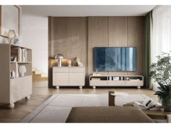 Best Móvel de TV em caxemira com prateleiras e portas – Design moderno, pernas em forma de bola, 160 x 44 x 39 cm Bege
