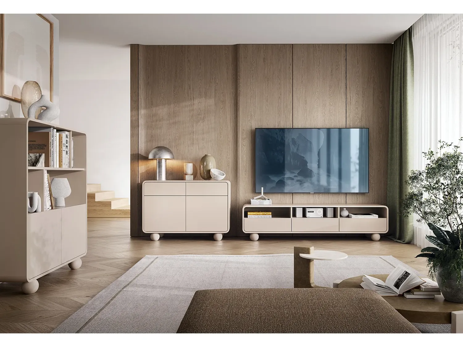 Best Móvel de TV em caxemira com prateleiras e portas – Design moderno, pernas em forma de bola, 160 x 44 x 39 cm Bege