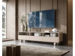Best Móvel de TV em caxemira com prateleiras e portas – Design moderno, pernas em forma de bola, 160 x 44 x 39 cm Bege