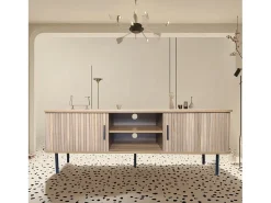 Online Concept-Usine Móvel de TV em madeira canelada 140 cm com portas de correr - Moderno e funcional Castanho