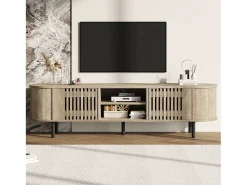 Sale Merax Móvel de TV em madeira vazada - 160 x 40 x 47 cm - com 2 portas + prateleira - para TVs de 65 polegadas - MDF - cor natural Natural claro