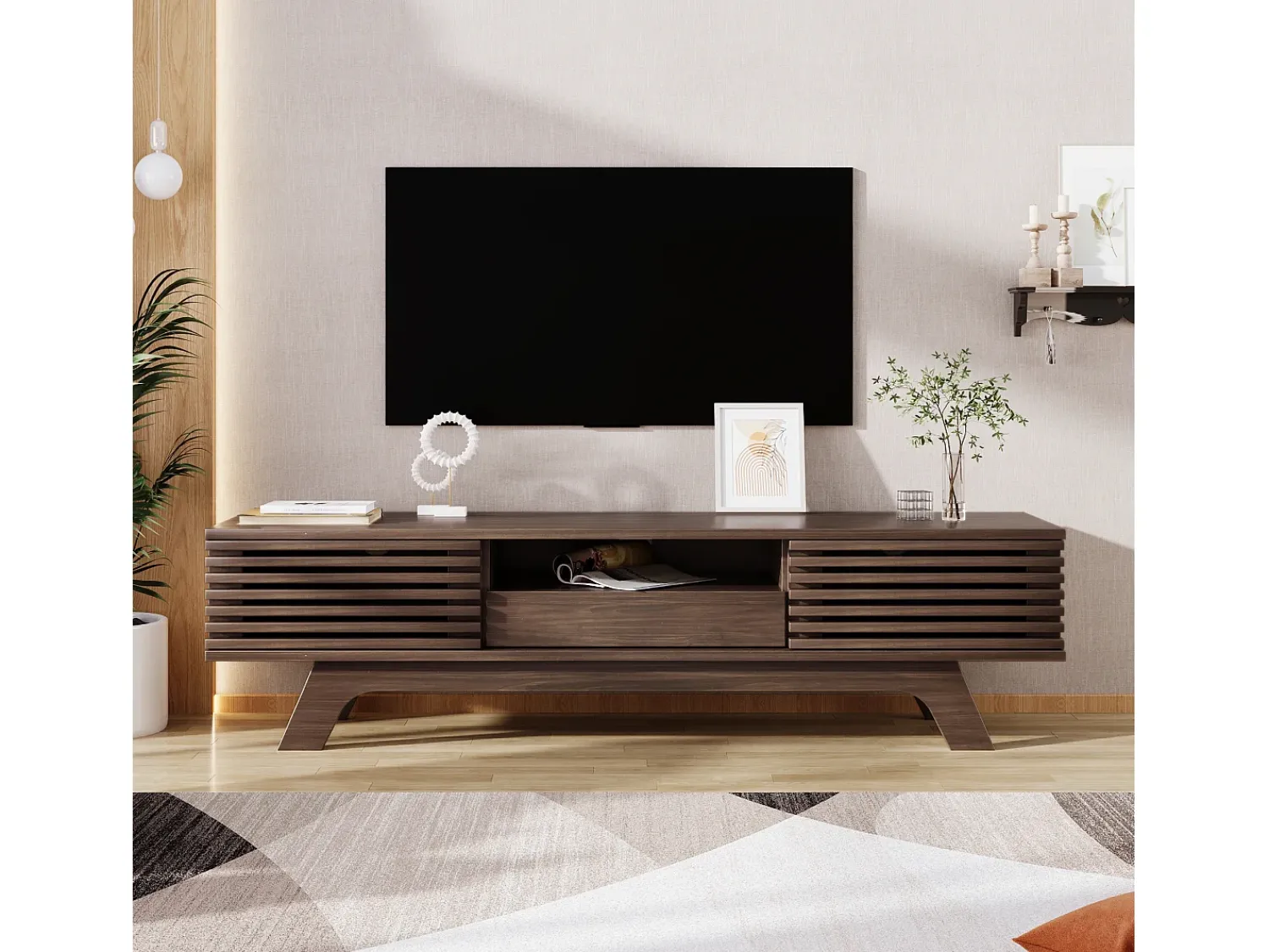 New Hauss Spole Móvel de TV em nogueira escura com 2 portas e 1 gaveta, design de porta de ripas de madeira 150x35x44cm Castanho