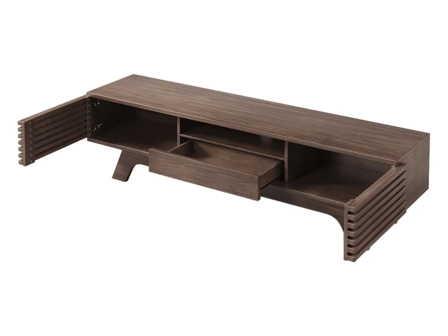 New Hauss Spole Móvel de TV em nogueira escura com 2 portas e 1 gaveta, design de porta de ripas de madeira 150x35x44cm Castanho