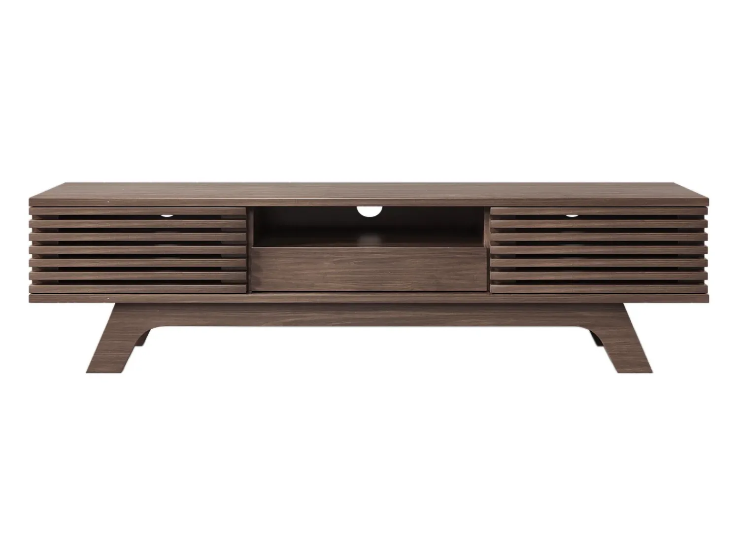 New Hauss Spole Móvel de TV em nogueira escura com 2 portas e 1 gaveta, design de porta de ripas de madeira 150x35x44cm Castanho