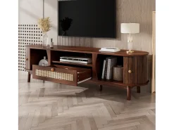 Móvel De Tv|Merax Móvel de TV em rattan - 165 x 37 x 46 cm - com 2 portas + 1 gaveta + prateleira - frente baixa - MDF - marrom Castanho