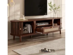 Móvel De Tv|Merax Móvel de TV em rattan - 165 x 37 x 46 cm - com 2 portas + 1 gaveta + prateleira - frente baixa - MDF - marrom Castanho