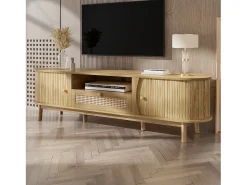 Móvel De Tv*Merax Móvel de TV em rattan - 165 x 37 x 46 cm - com 2 portas + 1 gaveta + prateleira - frente baixa - MDF - cor natural Natural claro