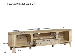 Móvel De Tv*Merax Móvel de TV em rattan - 165 x 37 x 46 cm - com 2 portas + 1 gaveta + prateleira - frente baixa - MDF - cor natural Natural claro