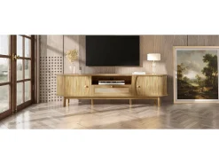 Móvel De Tv*Merax Móvel de TV em rattan - 165 x 37 x 46 cm - com 2 portas + 1 gaveta + prateleira - frente baixa - MDF - cor natural Natural claro