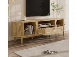 Móvel De Tv*Merax Móvel de TV em rattan - 165 x 37 x 46 cm - com 2 portas + 1 gaveta + prateleira - frente baixa - MDF - cor natural Natural claro