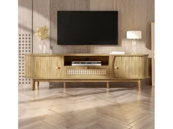Móvel De Tv*Merax Móvel de TV em rattan - 165 x 37 x 46 cm - com 2 portas + 1 gaveta + prateleira - frente baixa - MDF - cor natural Natural claro